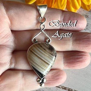 Banded Agate Pendant Handmade Natural Gemstone Crystal 925 Silver Bohemian New!